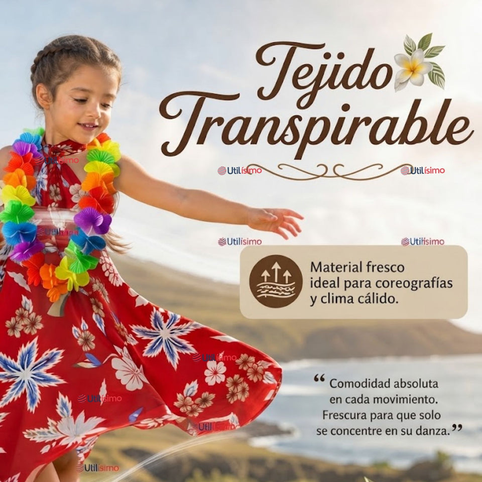 Traje Pareo Pascuense Hawaiano Rojo con Collar Niña Fiestas Patrias