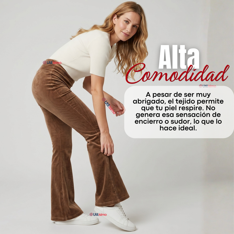 Pantalón Cotelé Palazzo Polar Con Chiporro Elasticado Térmico Café