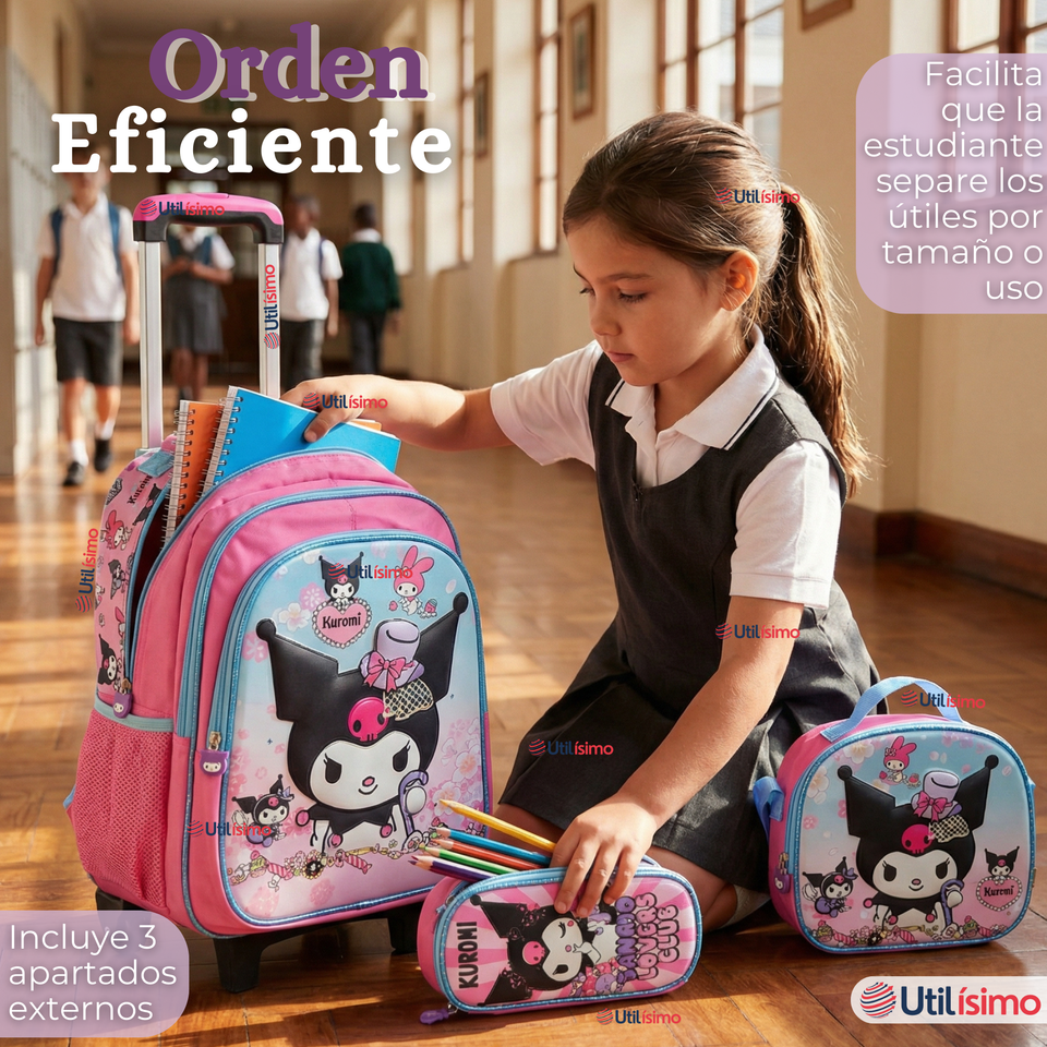 Mochila Escolar Kuromi 3D Con Ruedas Desmontable + Estuche + Lonchera Poliéster Rosa Niña