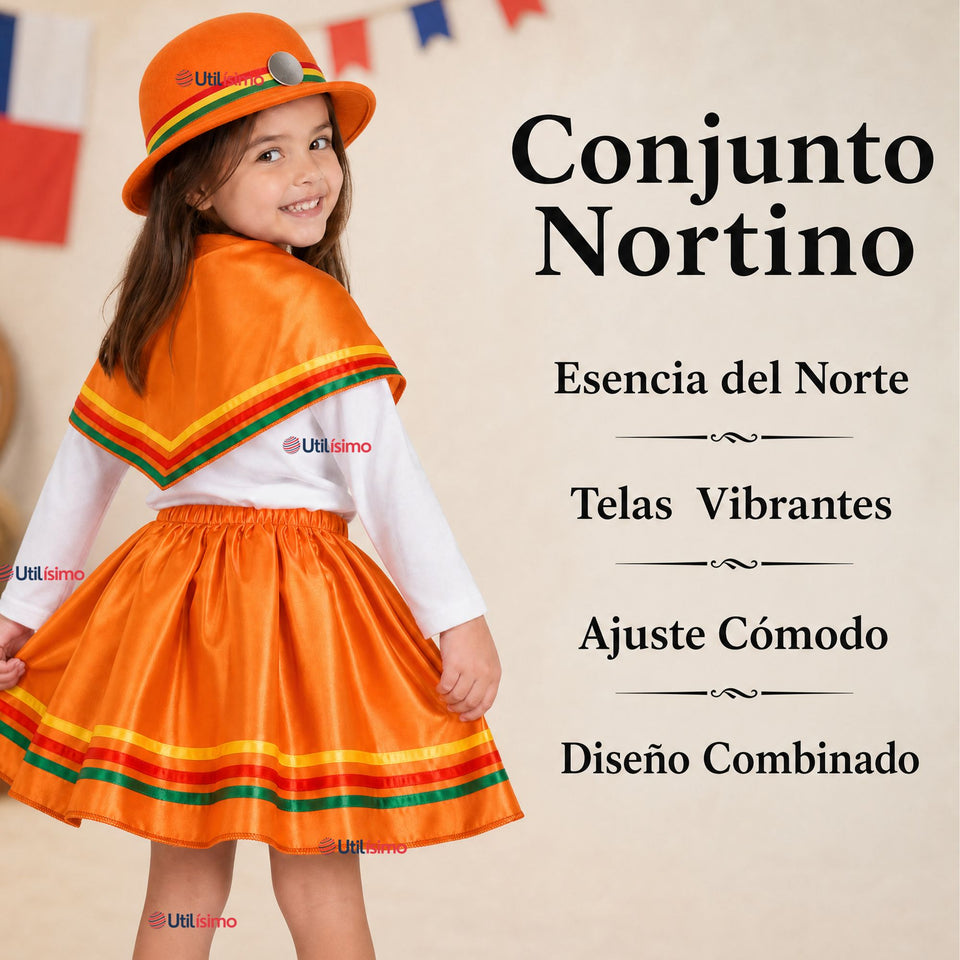Traje Nortino Niña Naranja 4 Piezas Con Polera Baile Típico Fiestas Patrias