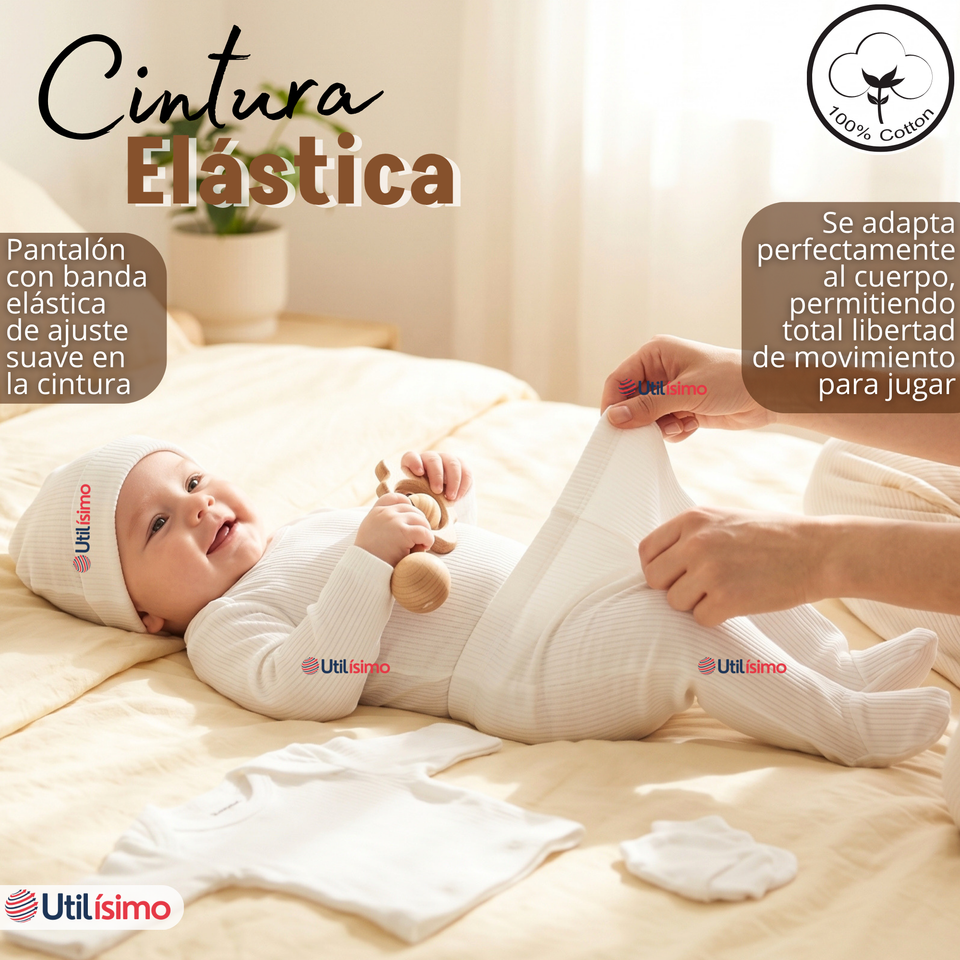 Conjunto Set 5 Piezas Body Camiseta Panty Gorro Manoplas Algodón Blanco Bebé Unisex