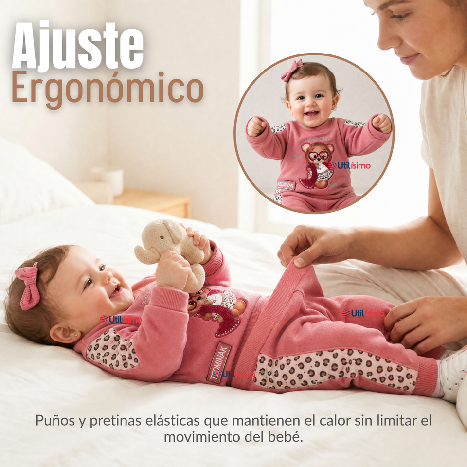 Conjunto 3 Piezas Buzo Pantalón Polerón Body De Algodón Rosado Bebé Niña