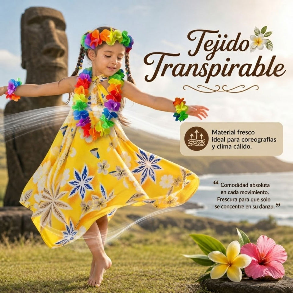Traje Páscuense Pareo Hawaiano Amarillo Niña Con Accesorios