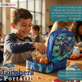 Mochila Escolar + Estuche + Lonchera 40cm Tela Oxford Azul Dinosaurio 3D Niño