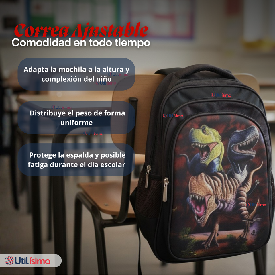 Mochila Escolar Bolso Con Efecto 3D Estuche + Lonchera 40Cm Tela Oxford Niño Dark Dinosaur