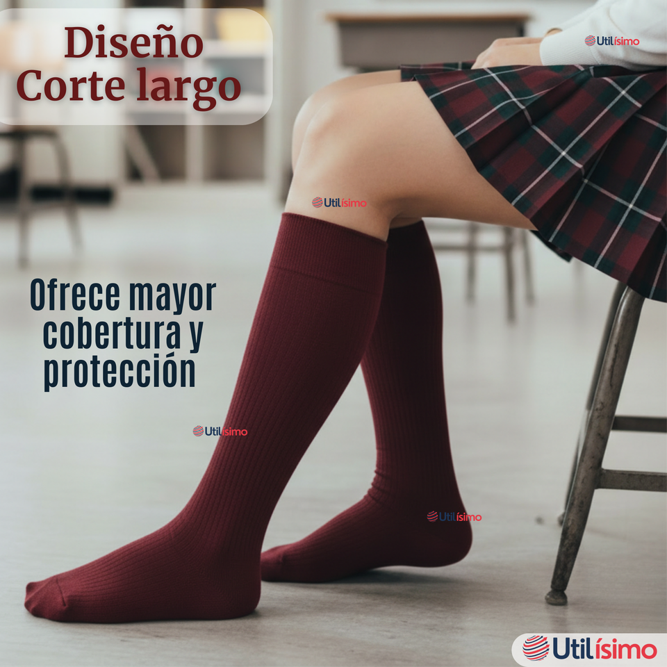 Pack 3 Calcetínes Escolares Largo Acrílico Burdeo Niñas Juvenil Color Vino