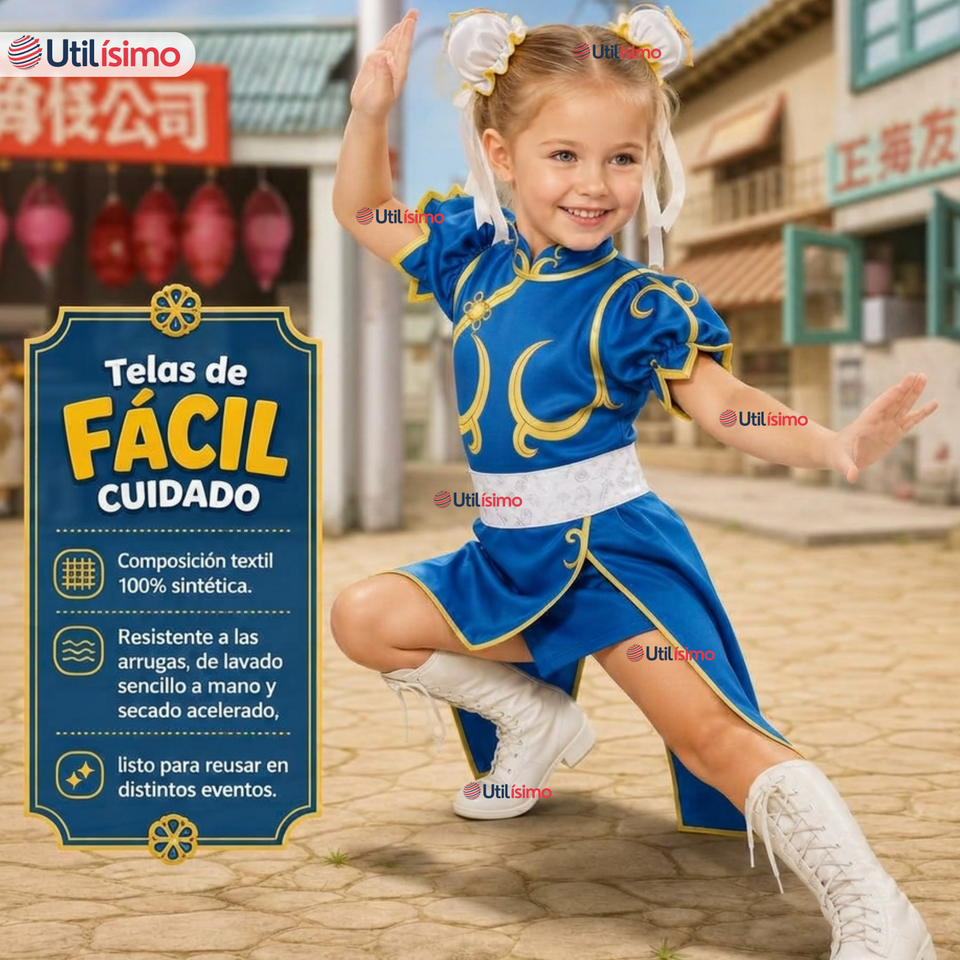Disfraz Chun-Li Azul Completo Street Fighter Cosplay NIña