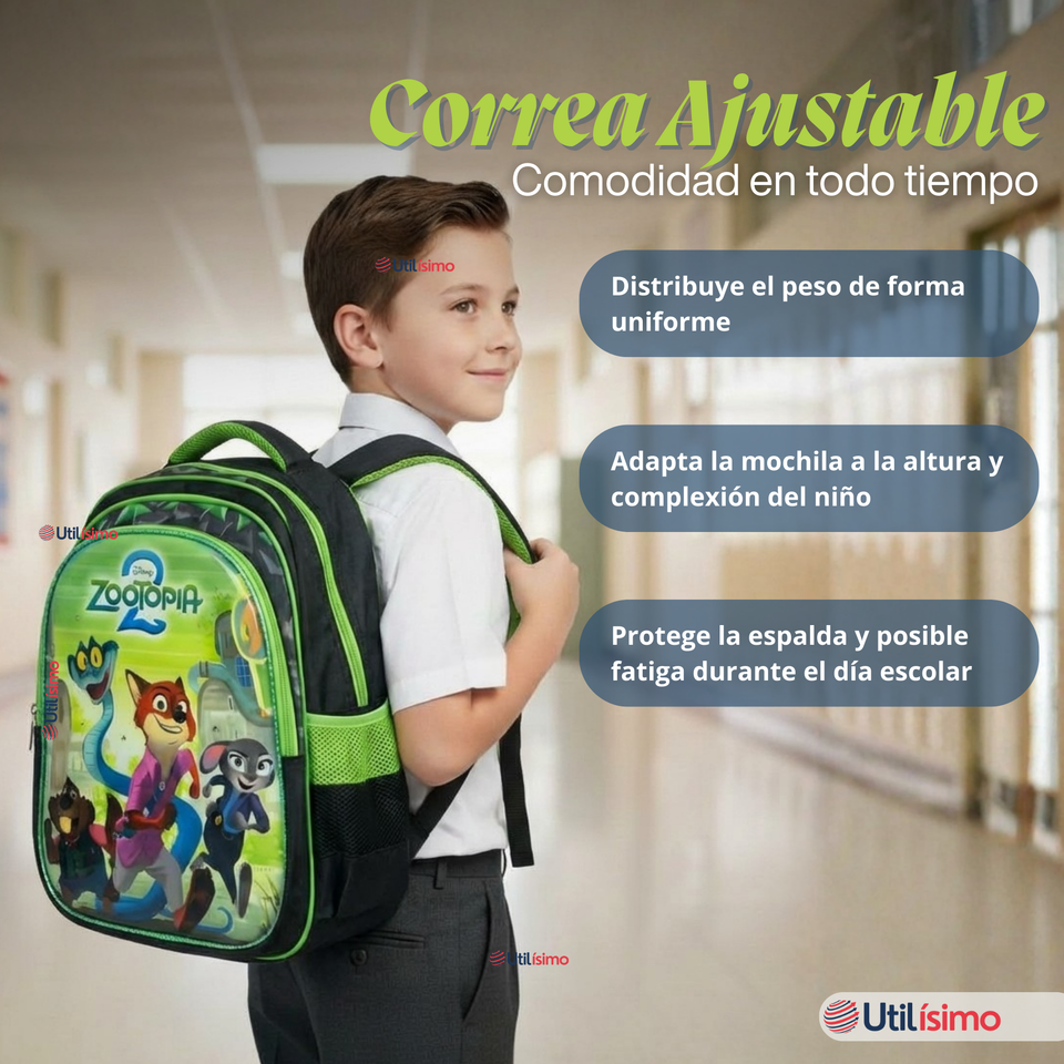 Mochila Escolar Zootopia Con Ruedas Desmontables + Estuche + Lonchera Niño Poliéster