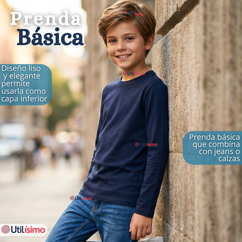 Pack 3 Poleras Camisetas Bambú Azul Oscuro Cuello Redondo Primera Capa Manga Larga Niño