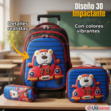 Mochila Escolar Con Ruedas + Estuche + Lonchera Poliéster Oso Niño