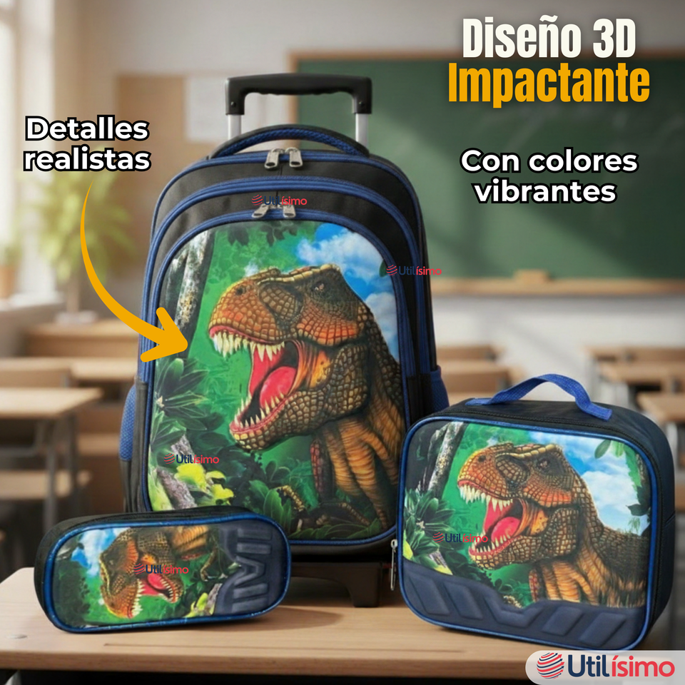 Mochila Escolar Con Ruedas + Estuche + Lonchera Poliéster Dinosaurio Niño