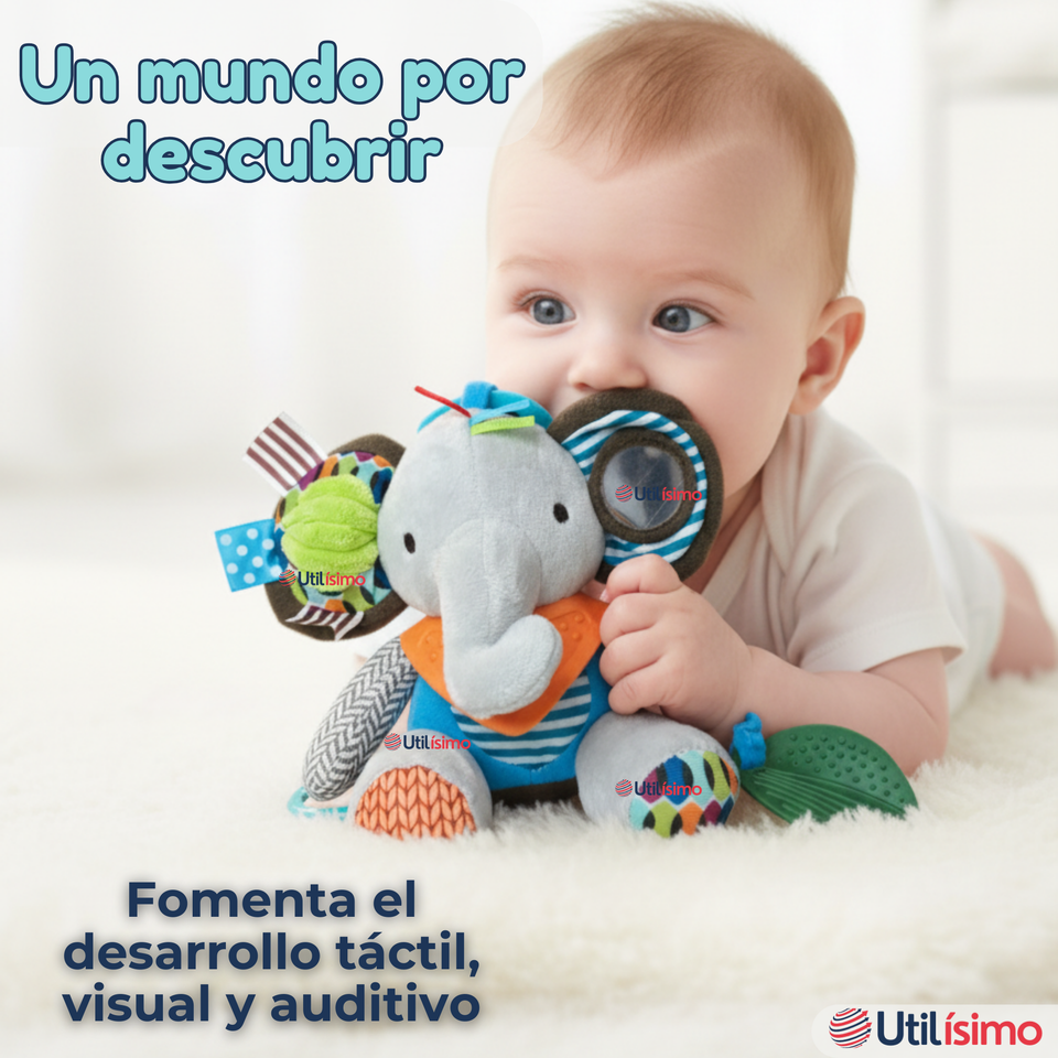Juguete Peluche Animales Sensorial Con Mordedor Y Sonajero Diseño Elefante Niña y Niño