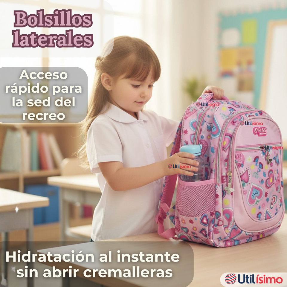 Mochila Escolar Con Estuche 36cm Tela Oxford Impermeable Niña