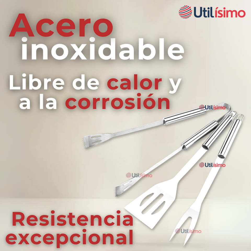 Kit Parrillero 3 Piezas Pinza Espátula Tenedor Para Asados Acero Inoxidable