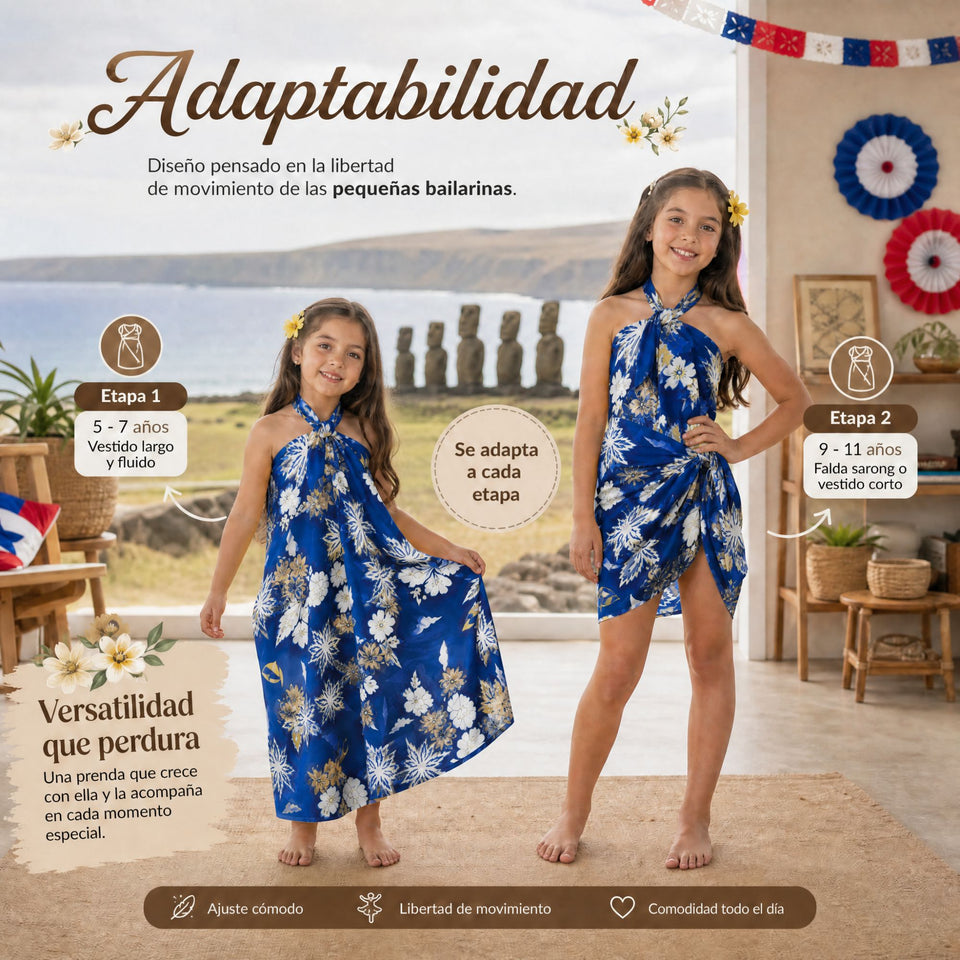 Pareo Pascuense Niña Hawaiano Azul Danza Fiestas Patrias