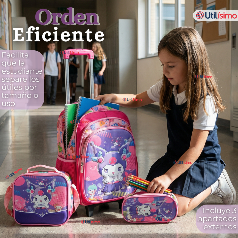 Mochila Escolar Kuromi 3D Con Ruedas Desmontable + Estuche + Lonchera Poliéster Rosa Niña