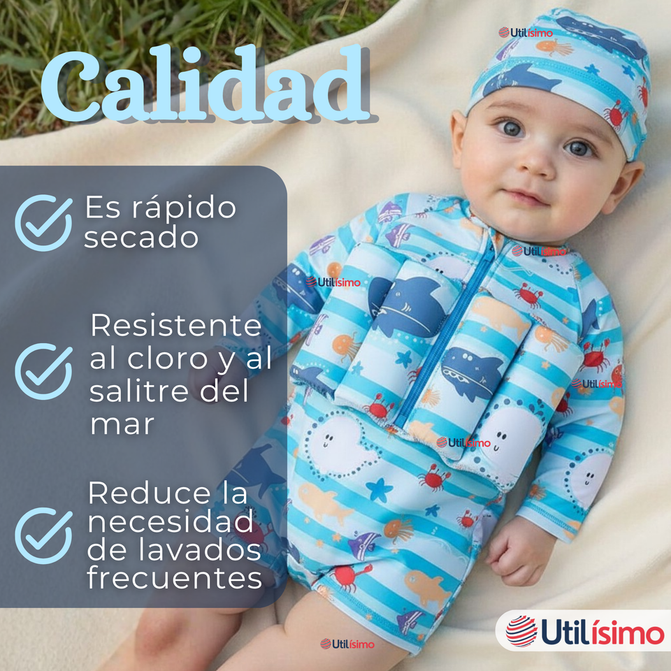 Traje de Baño Flotador Enterito Con Gorro Niño 2 Piezas 9 a 36 Meses Blue Sea