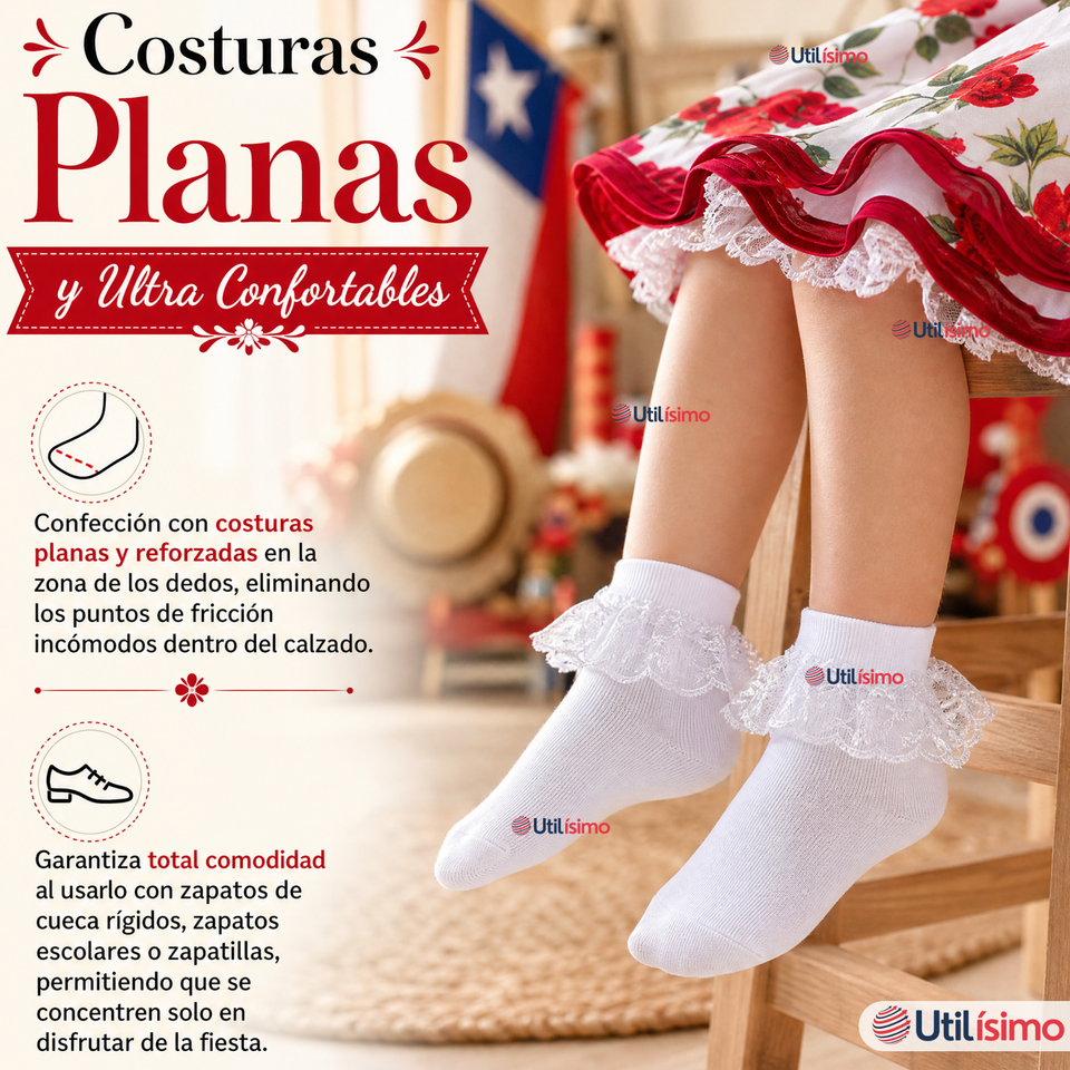 1 Par Calcetines Encaje Vuelos Niña Algodón Fiestas Patrias