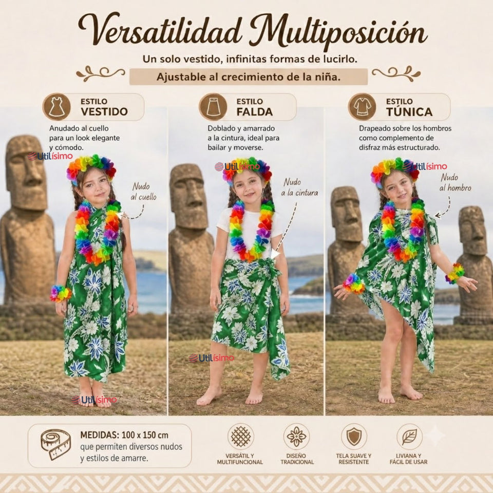 Traje Páscuense Pareo Hawaiano Verde Niña Con Accesorios