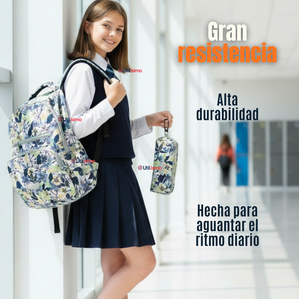 Mochila Escolar Con Estuche 46cm Poliéster Impermeable Niña Juvenil