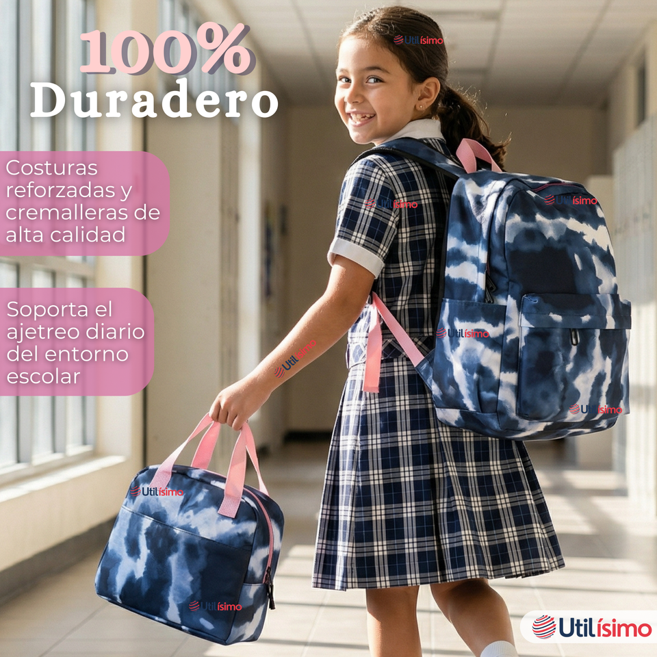 Mochila Escolar + Estuche + Lonchera 43cm Tela Oxford Azul Oscuro Niña