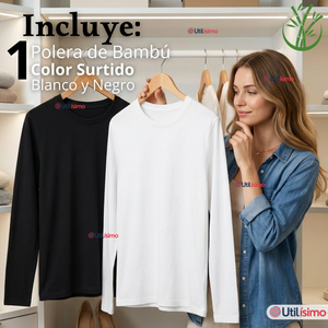 Camiseta Polera Bambú Primera Capa Manga Larga Blanco Negro Mujer