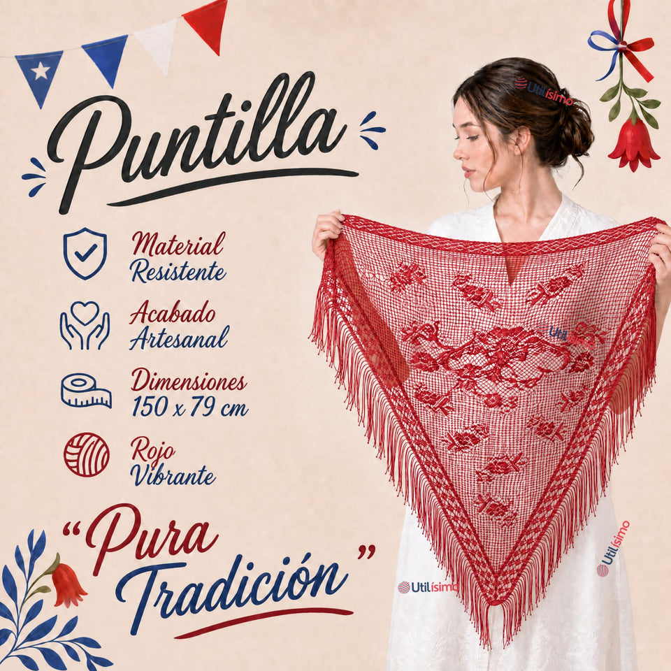 Puntilla Chal Rojo Baile Chilote Mujer Traje Típico 150x79 cm