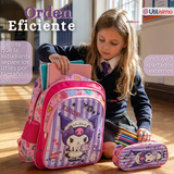 Mochila Escolar Kuromi 3D Con Ruedas Desmontable + Estuche + Lonchera Poliéster Morado Niña