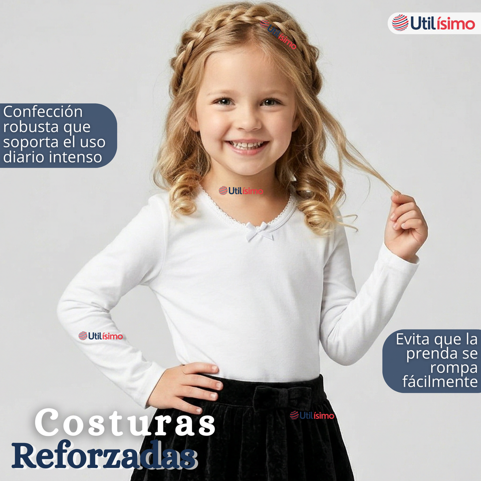 Pack 3 Camisetas Poleras Algodón Cuello Redondo Blanca Primera Capa Manga Larga Niña