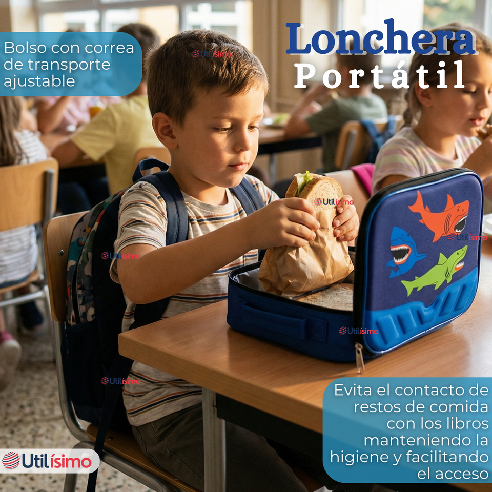 Mochila Escolar Con Ruedas + Estuche + Lonchera 46cm Desmontable Poliéster Azul Tiburón Niño