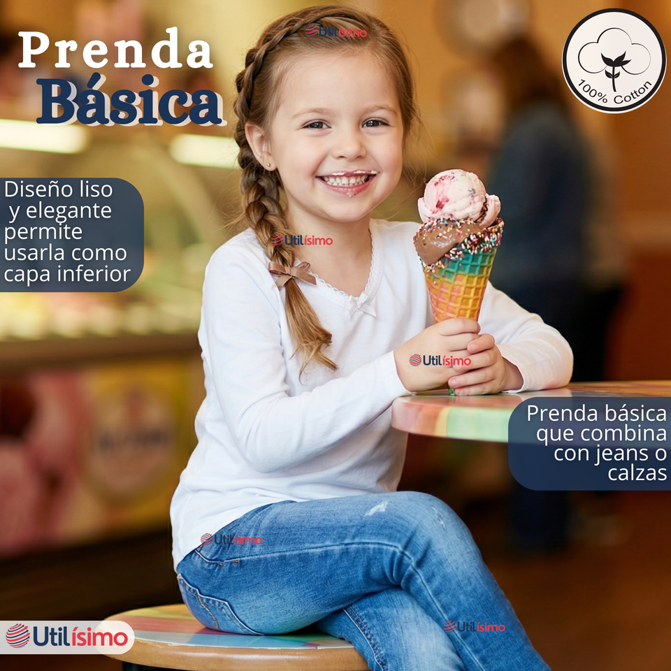 Pack 3 Camisetas Poleras Algodón Cuello Redondo Blanca Primera Capa Manga Larga Niña