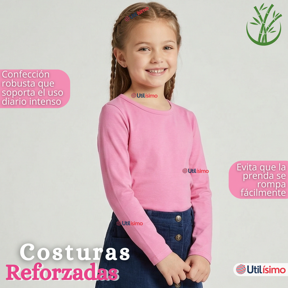 Camiseta Polera Bambú Cuello Redondo Rosado Oscuro Primera Capa Manga Larga Niña