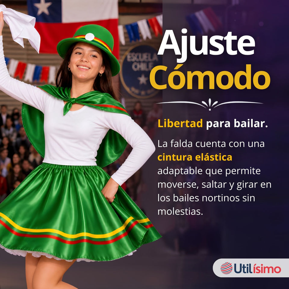 Pack 3 Trajes Nortinos Juvenil Con Poleras 4 Piezas Verde Baile Típico Fiestas Patrias