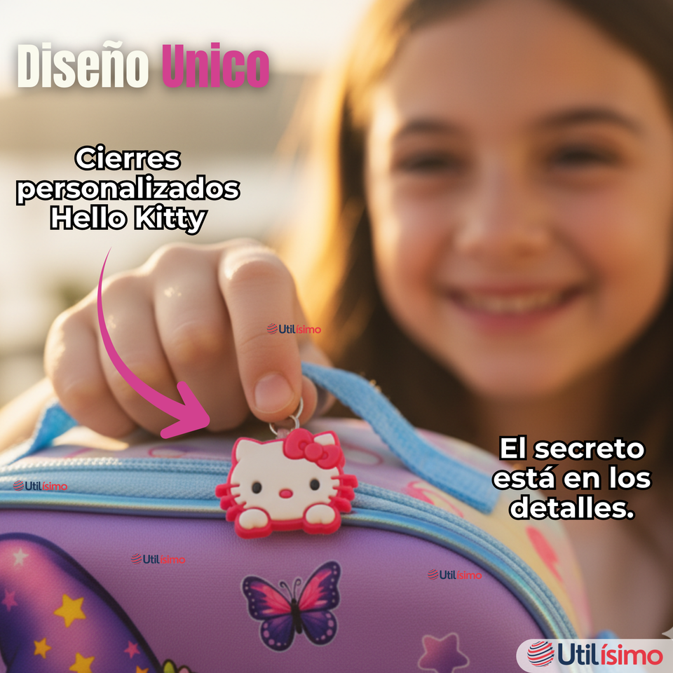 Mochila Hello Kitty Escolar Con Ruedas + Estuche + Lonchera Desmontable Poliéster Lila Niña