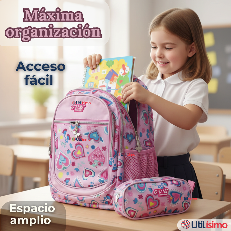 Mochila Escolar Con Estuche 36cm Tela Oxford Impermeable Niña