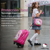 Mochila Escolar Hello Kitty Flowers Con Ruedas Desmontables + Estuche + Lonchera Niña Poliéster