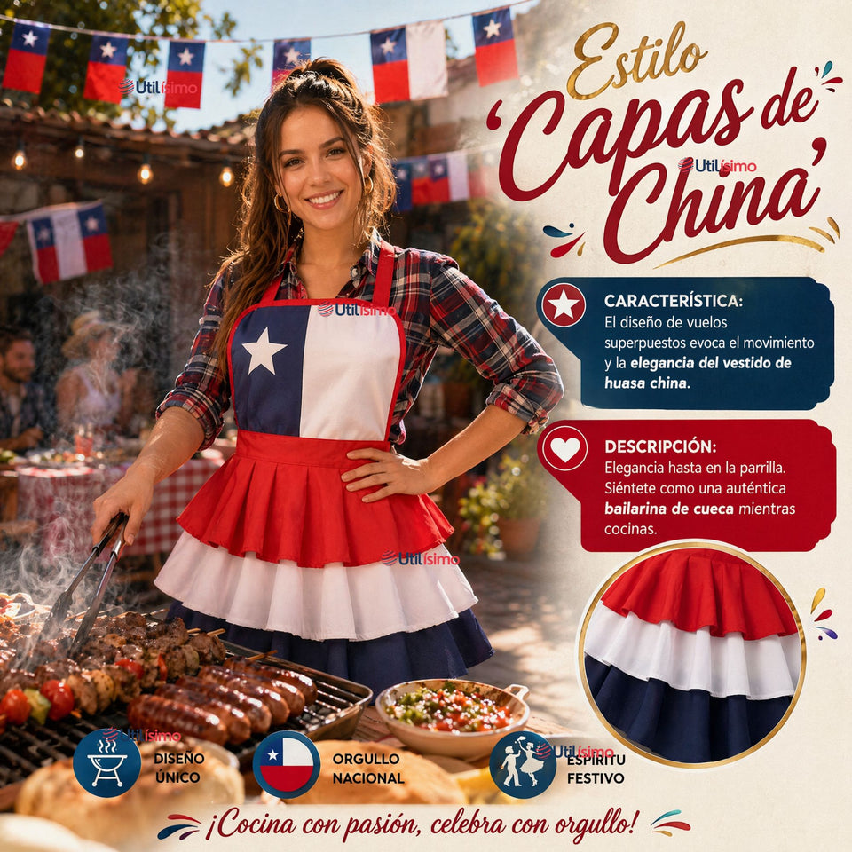 Pack 3 Delantales Diseño Tricolor Con Vuelos Mujer Fiestas Patria