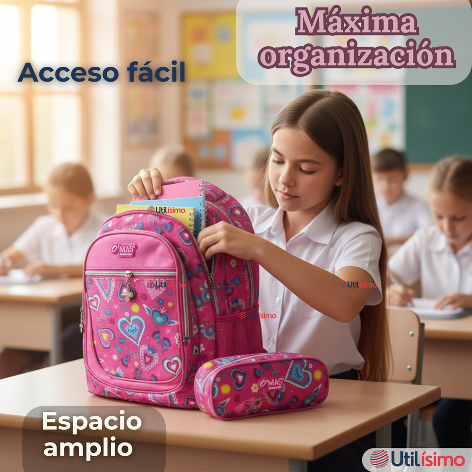 Mochila Escolar Con Estuche 36cm Tela Oxford Impermeable Niña