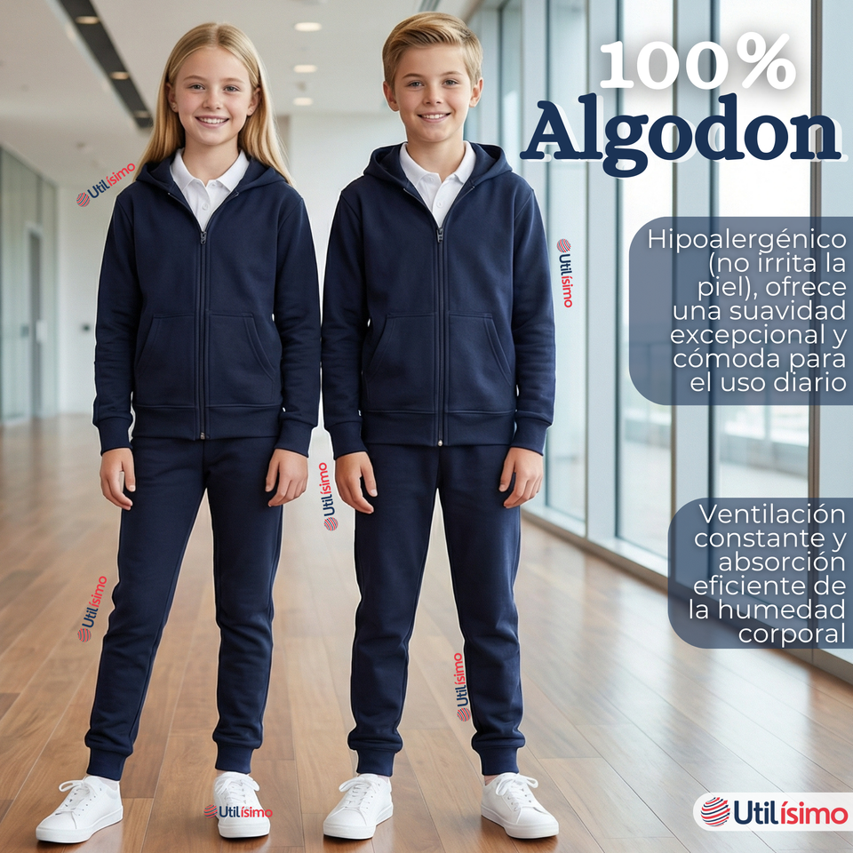 Conjunto Escolar Buzo Pantalón Y Polerón 100% Algodón Unisex Niños Azul 3 a 16 años