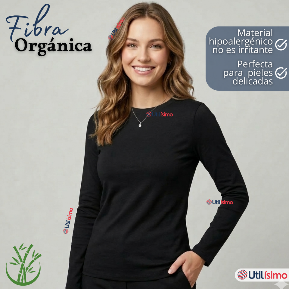 Pack 6 Camisetas Poleras Bambú Primera Capa Negro Manga Larga Mujer