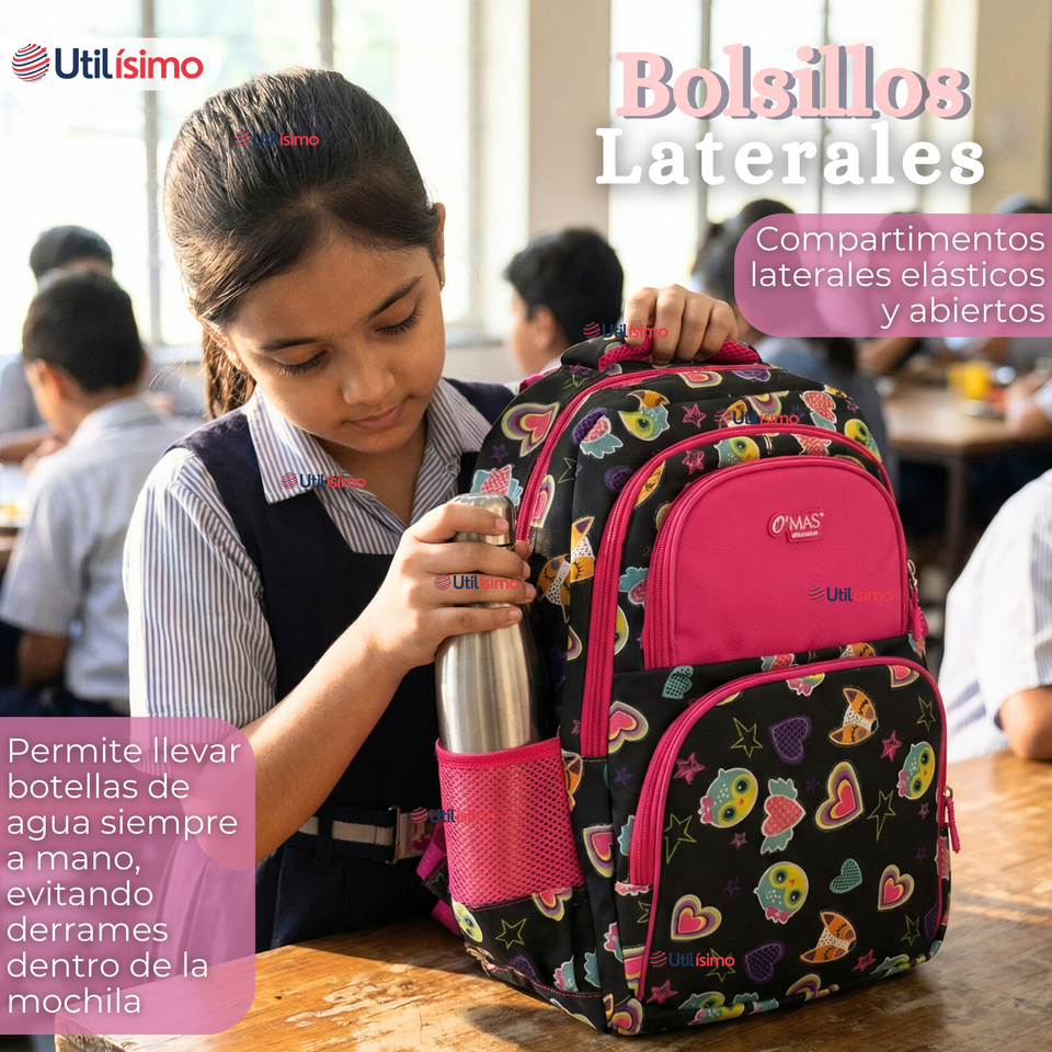 Mochila Escolar + Estuche + Lonchera 43cm Tela Oxford Negro Corazones Niña