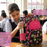 Mochila Escolar + Estuche + Lonchera 43cm Tela Oxford Negro Corazones Niña