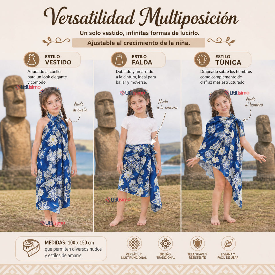 Pareo Pascuense Niña Hawaiano Azul Danza Fiestas Patrias