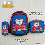 Mochila Escolar Con Ruedas + Estuche + Lonchera Poliéster Oso Niño