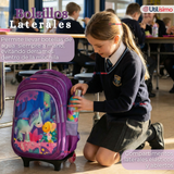 Mochila Escolar Con Ruedas + Estuche + Lonchera 46cm Desmontable Poliéster Morado Unicornio Niña