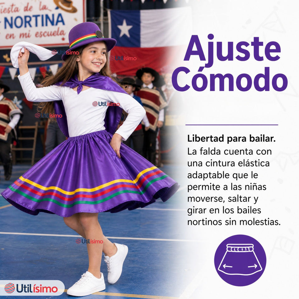 Pack 3 Trajes Nortinos Niña Morado 4 Piezas Con Poleras Baile Típico Fiestas Patrias