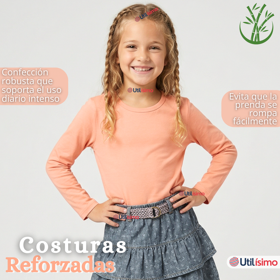 Camiseta Polera Bambú Cuello Redondo Salmón Primera Capa Manga Larga Niña