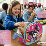 Mochila Escolar Kuromi 3D Con Ruedas Desmontable + Estuche + Lonchera Poliéster Rosa Niña