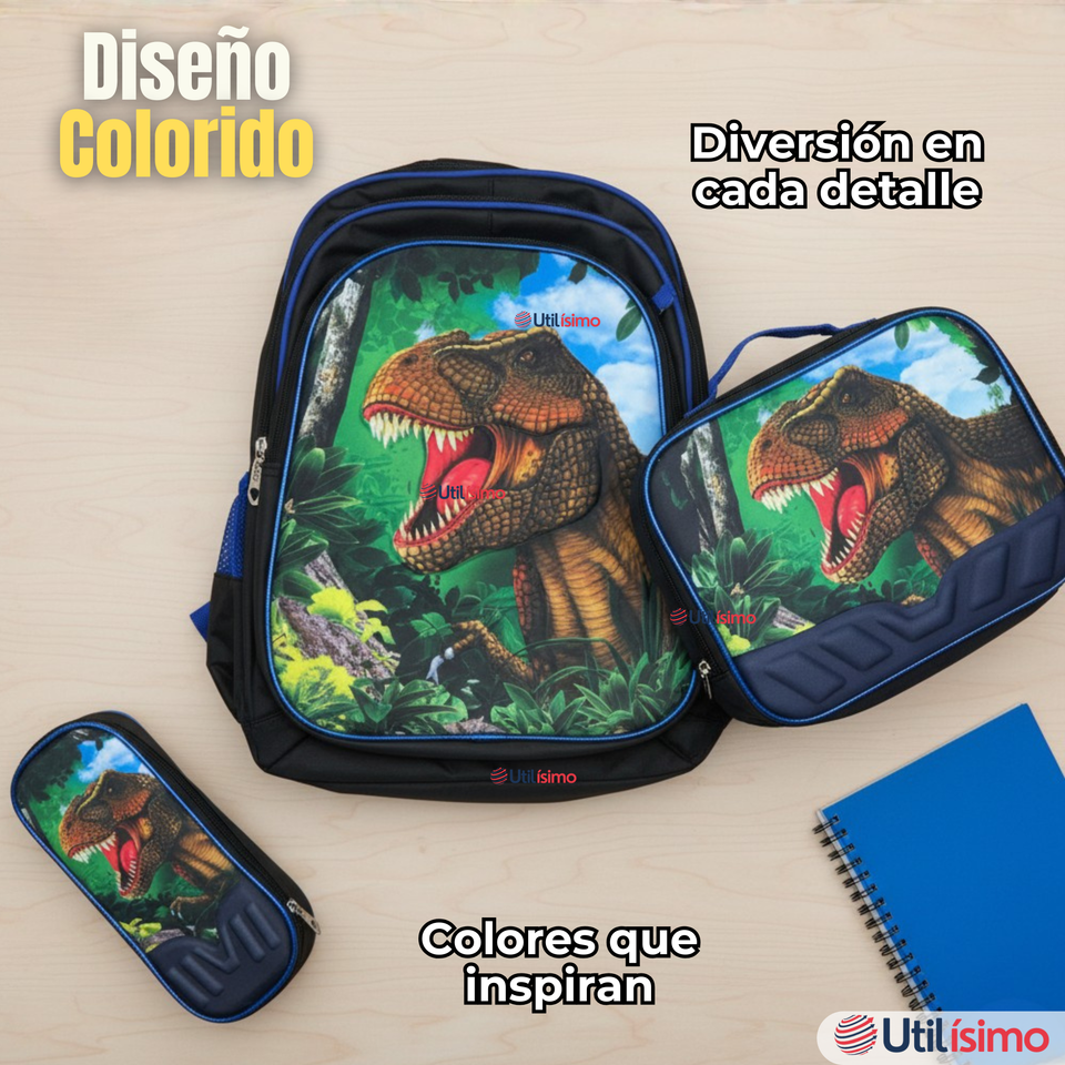 Mochila Escolar Con Ruedas + Estuche + Lonchera Poliéster Dinosaurio Niño