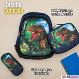 Mochila Escolar Con Ruedas + Estuche + Lonchera Poliéster Dinosaurio Niño